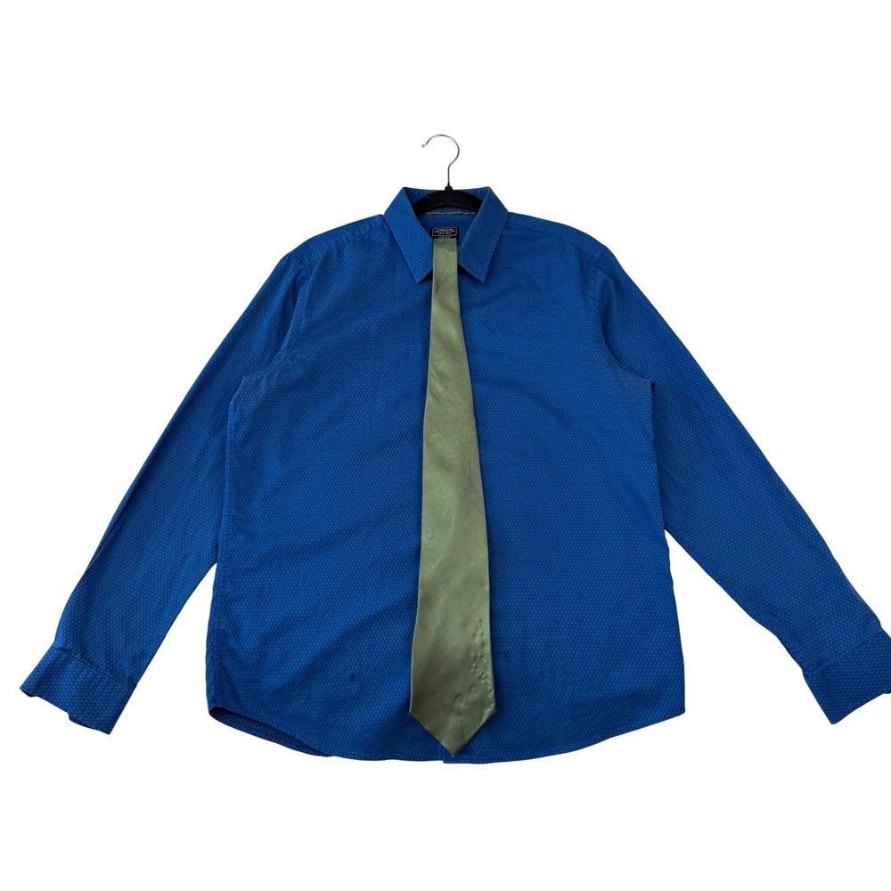 Arrow Dress Shirt Blue Geometric Slim Fit US 17 with René Chagal Silk Tie Set